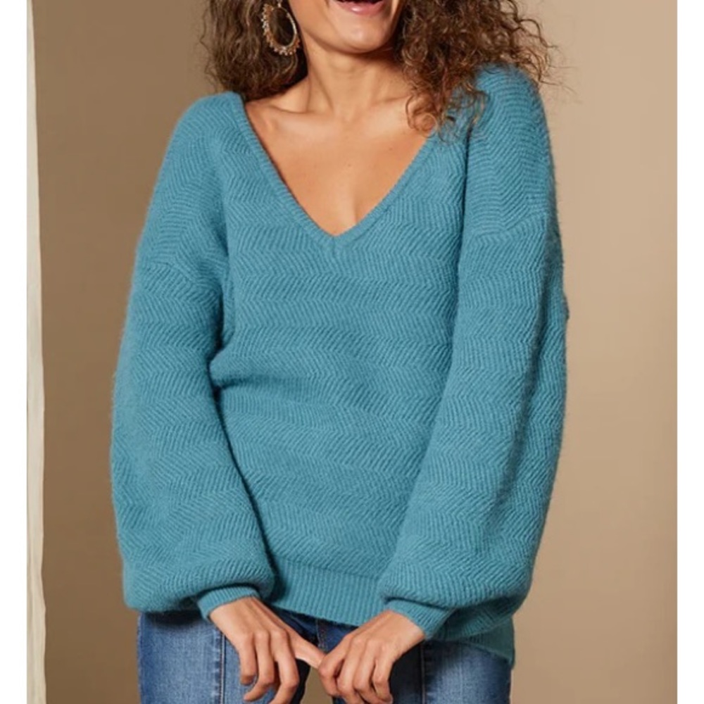 Cosy Teal Knit V-Neck Winter Sweater Jumper NWT - Picture 7 of 14